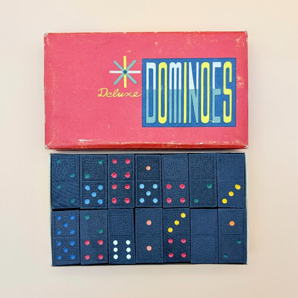 Vintage Dominoes Set 28 Piece Double Six Black Color Pips Japan MCM Box